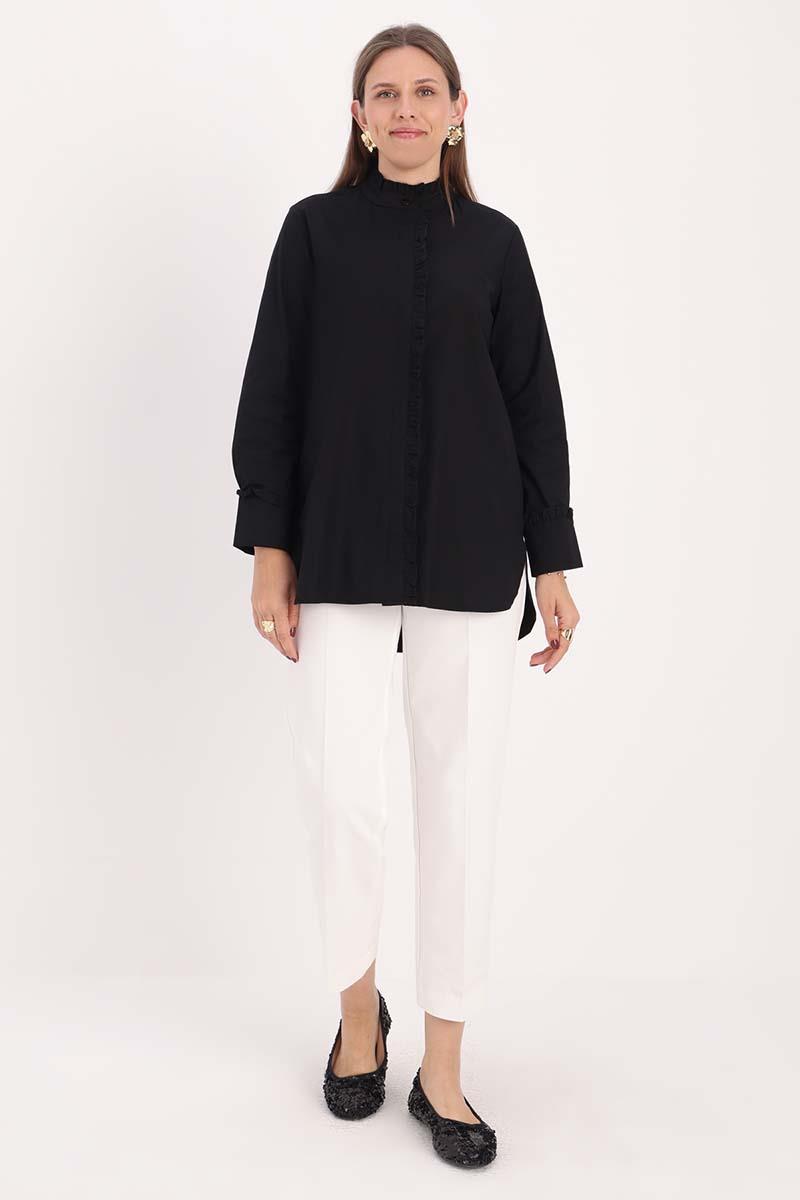 Black-Cotton Ruffle Shirt Tunic
