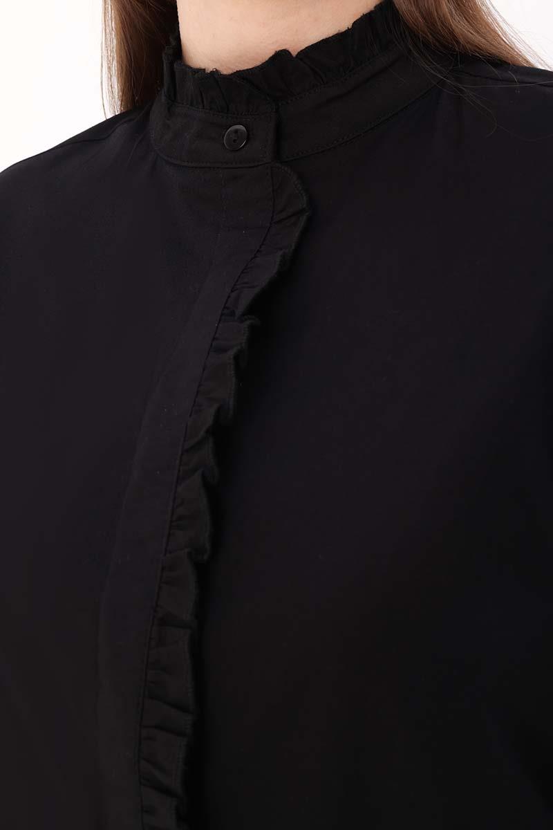 Black-Cotton Ruffle Shirt Tunic
