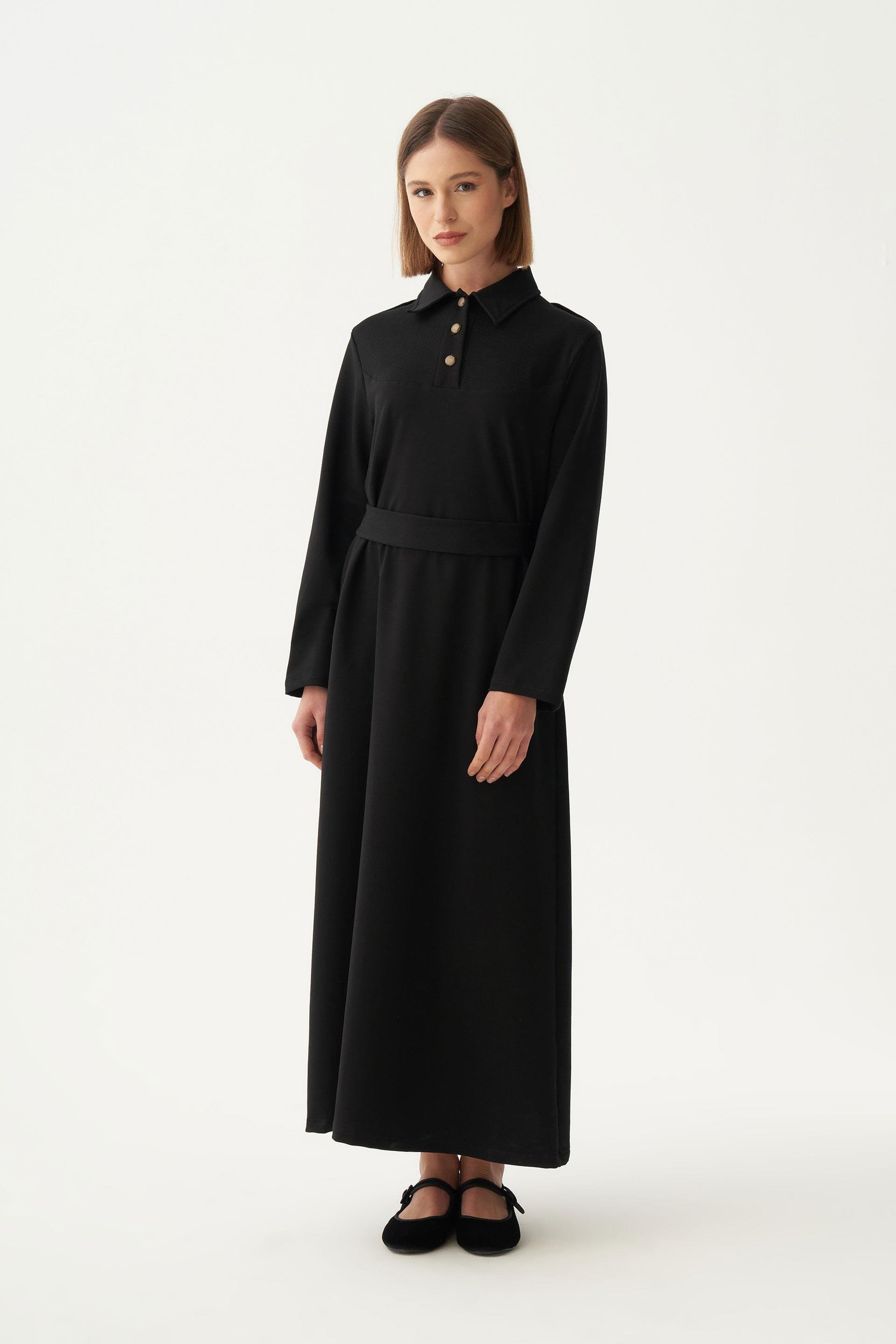 Siyah-Pamuklu Gömlek Yaka Apoletli Elbise