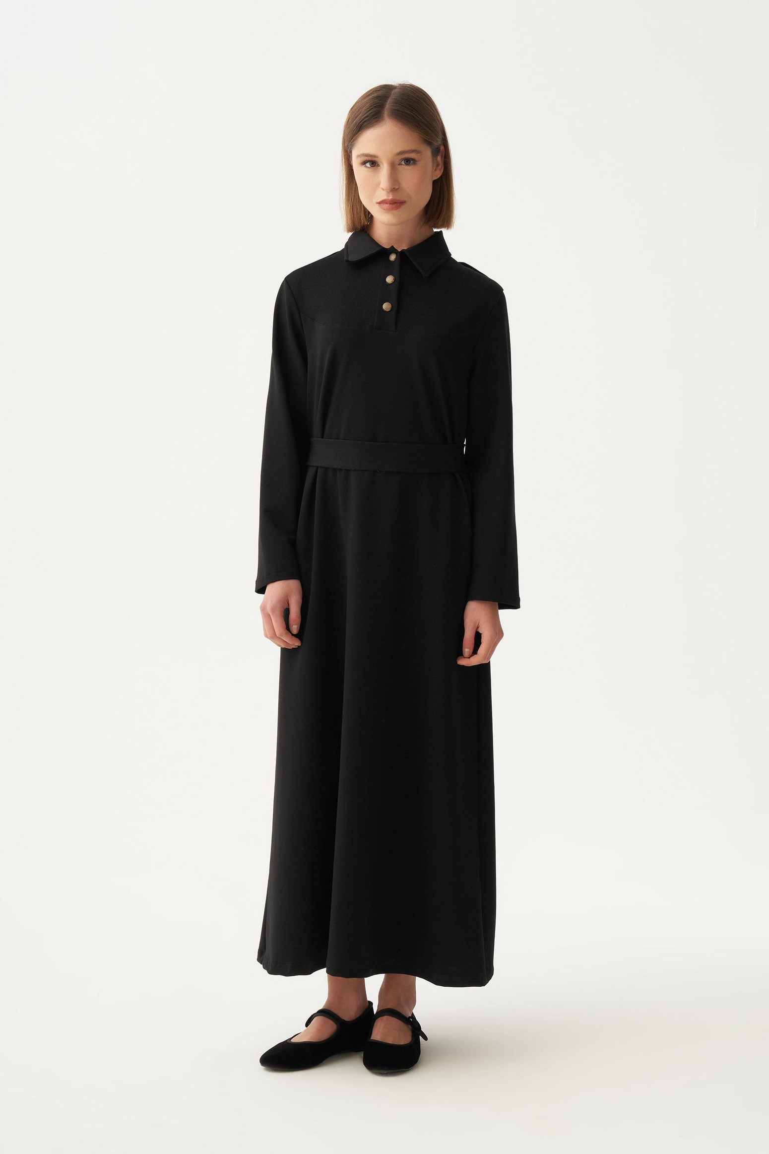 Siyah-Pamuklu Gömlek Yaka Apoletli Elbise