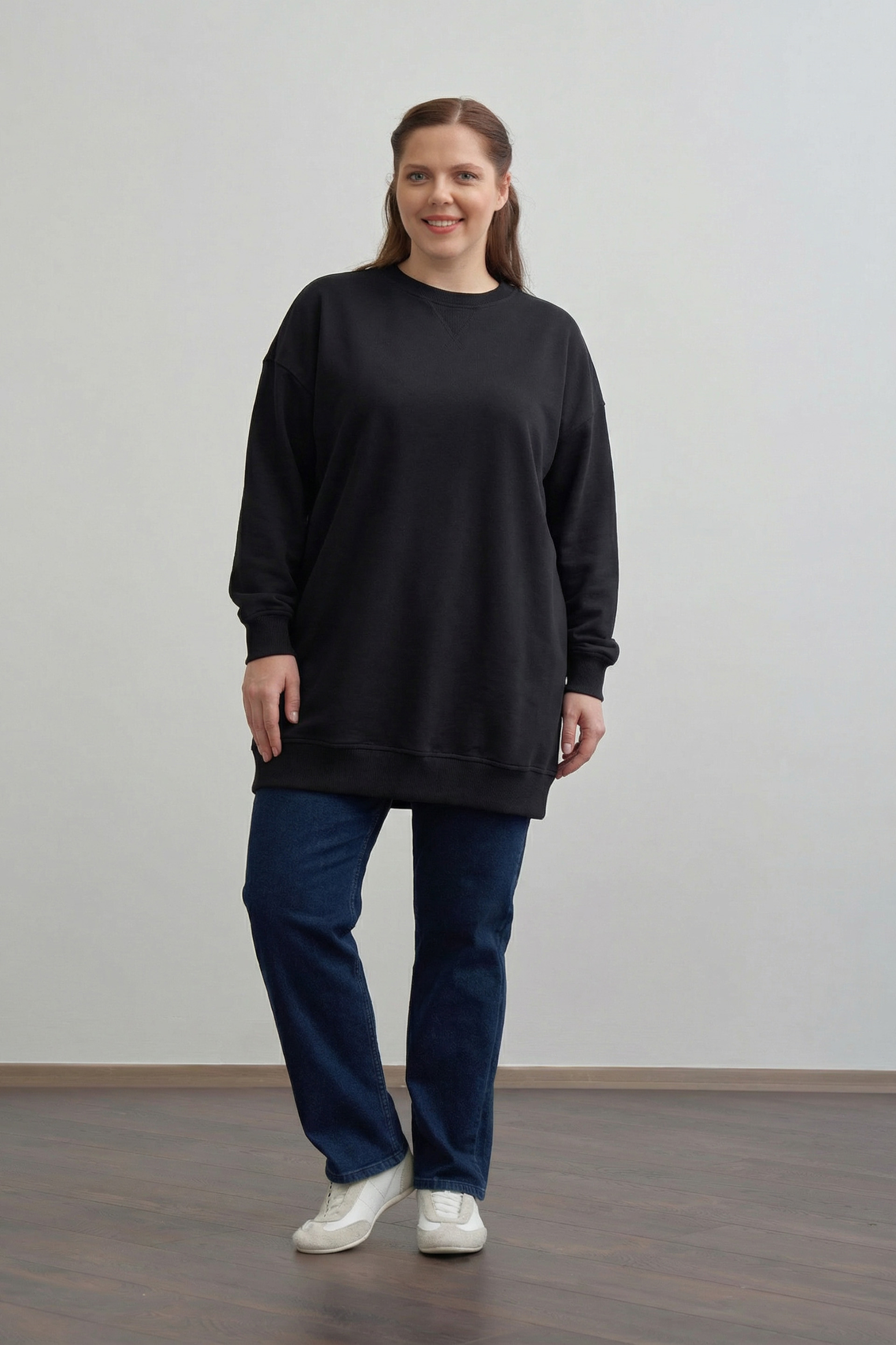 Siyah-Pamuklu Kaşkorse Detaylı Büyük Beden Sweatshirt