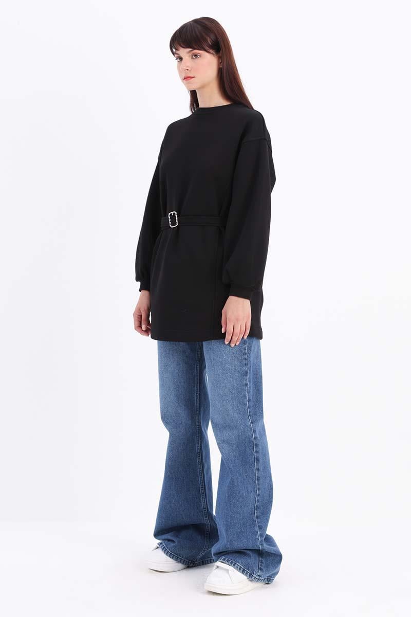 Black-Cotton Belted Sweat Tunic