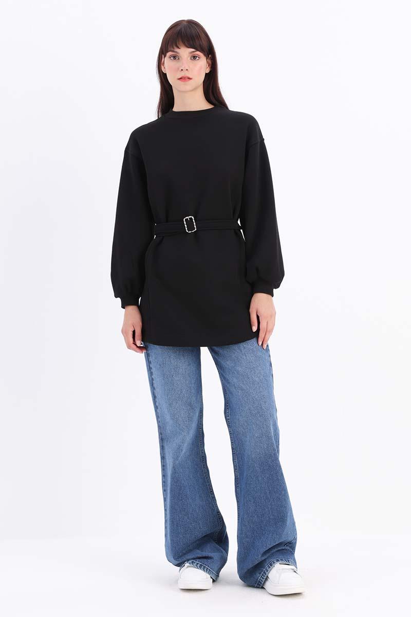 Black-Cotton Belted Sweat Tunic