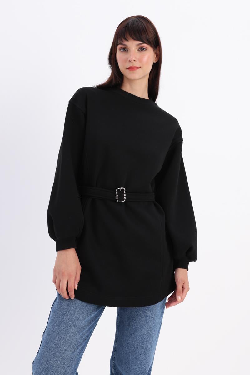 Black-Cotton Belted Sweat Tunic