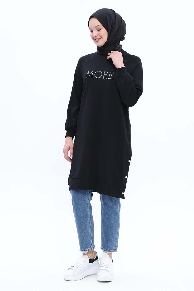 Black-Cotton Embroidered Sweat Tunic