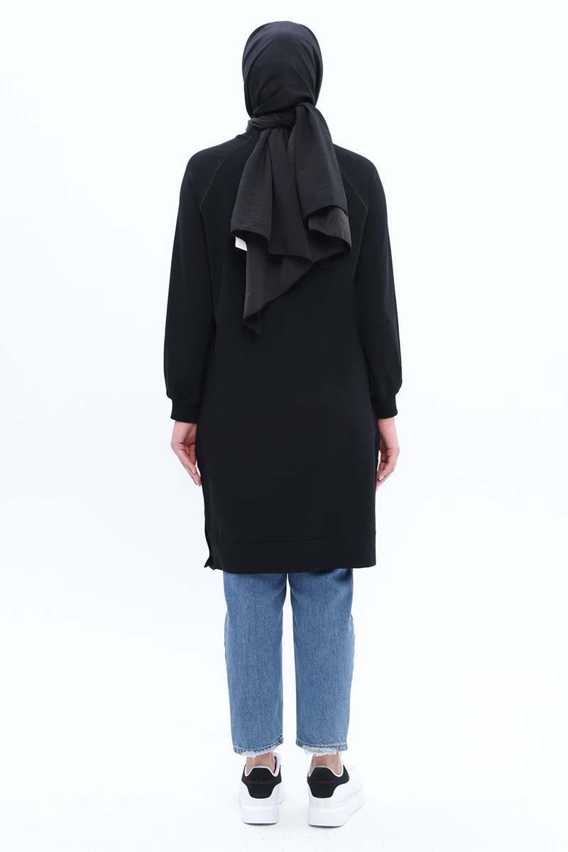Black-Cotton Embroidered Sweat Tunic