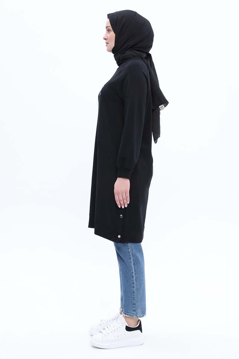 Black-Cotton Embroidered Sweat Tunic