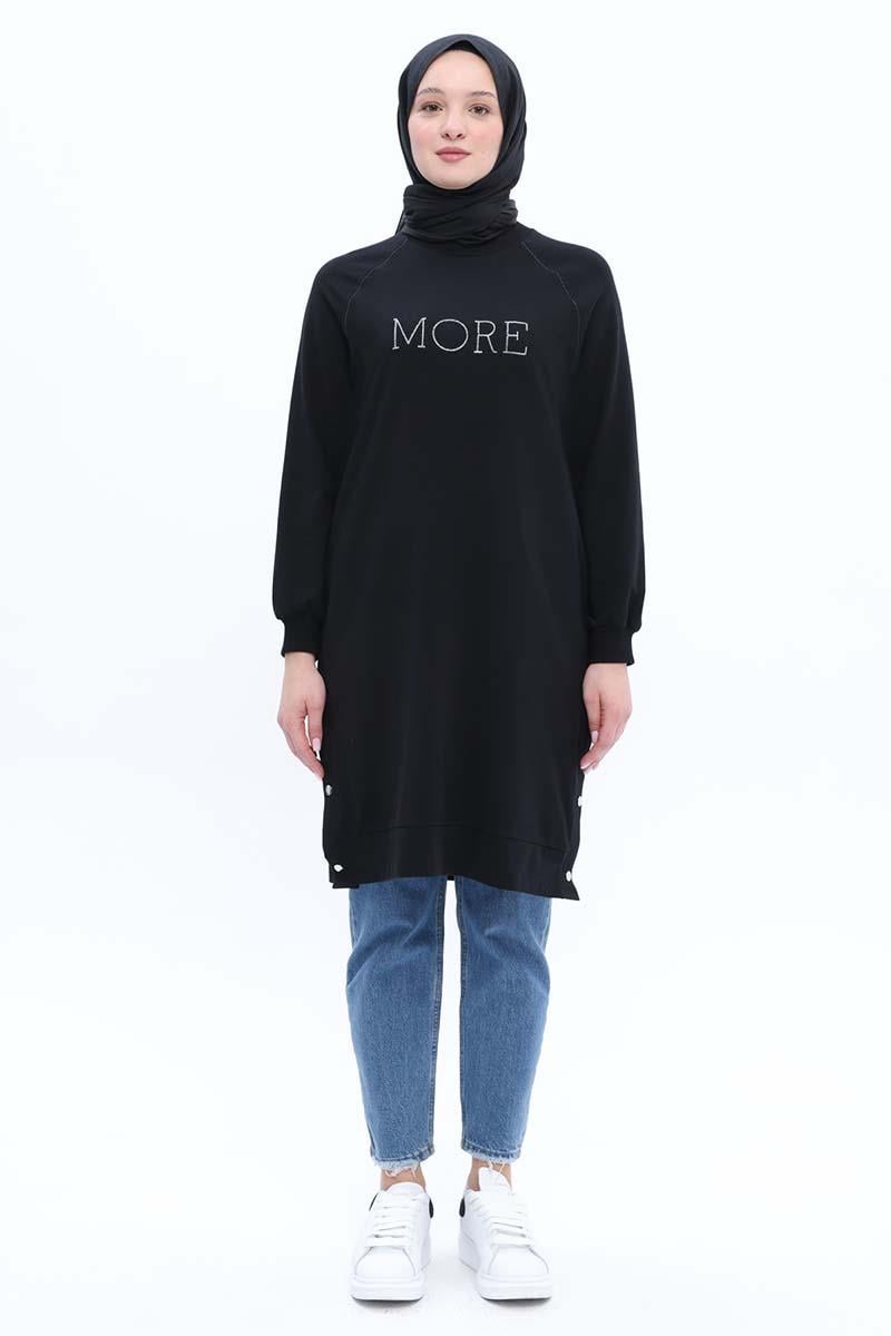 Black-Cotton Embroidered Sweat Tunic
