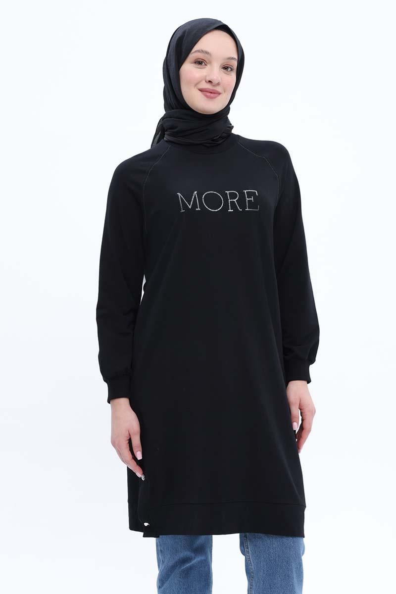 Black-Cotton Embroidered Sweat Tunic