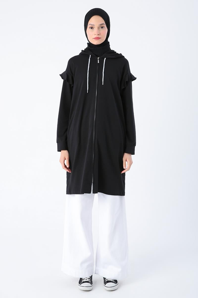 Black-Cotton Flounce Shoulder Hooded Glittery Lace Detailed Zippered Cardigan