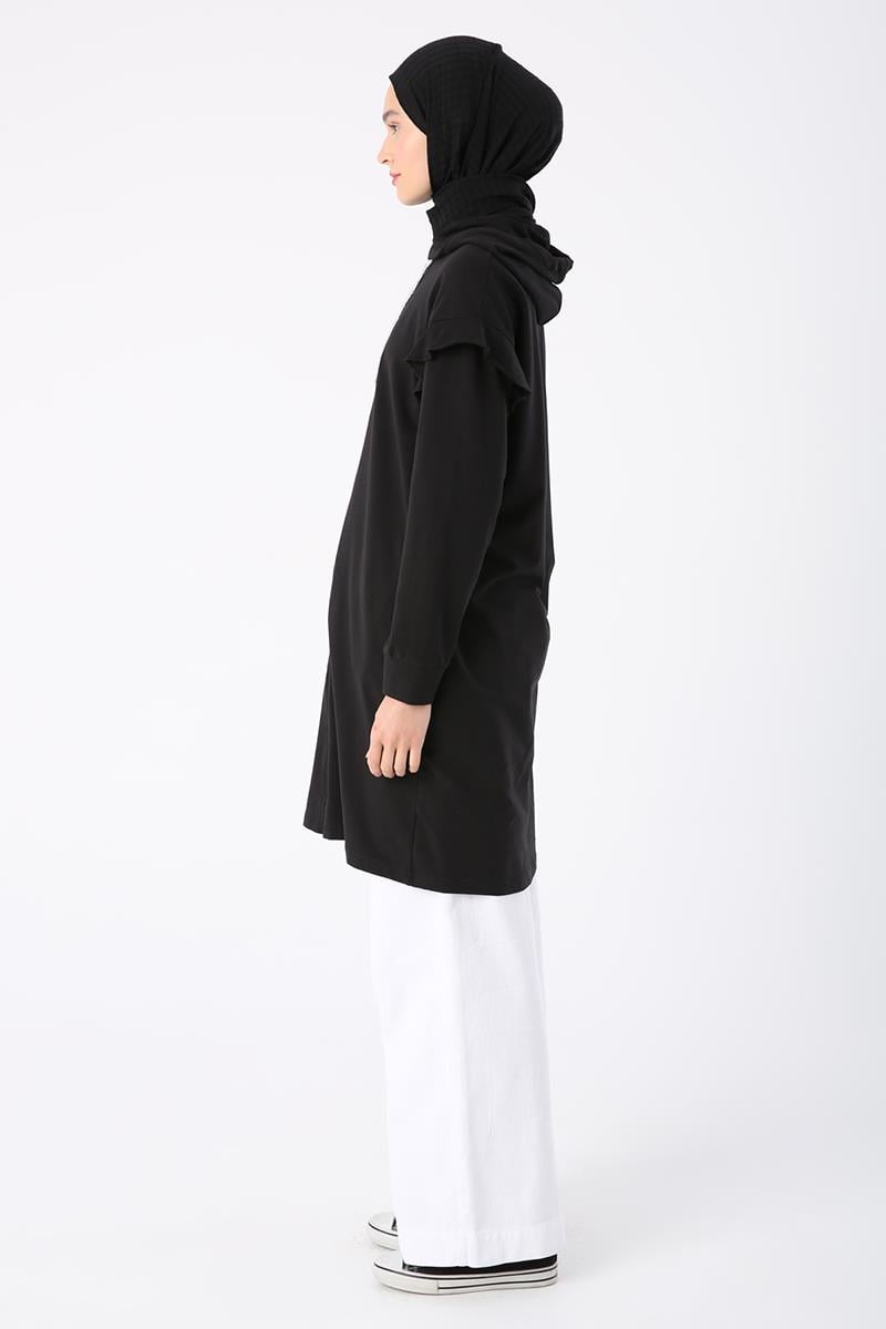 Black-Cotton Flounce Shoulder Hooded Glittery Lace Detailed Zippered Cardigan