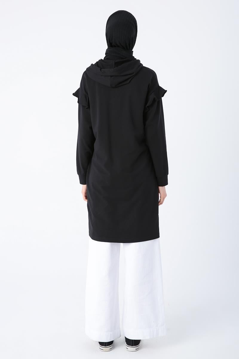 Black-Cotton Flounce Shoulder Hooded Glittery Lace Detailed Zippered Cardigan