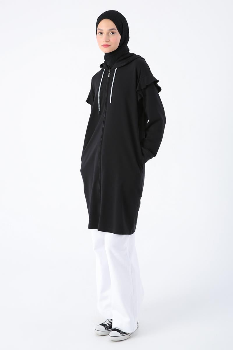 Black-Cotton Flounce Shoulder Hooded Glittery Lace Detailed Zippered Cardigan