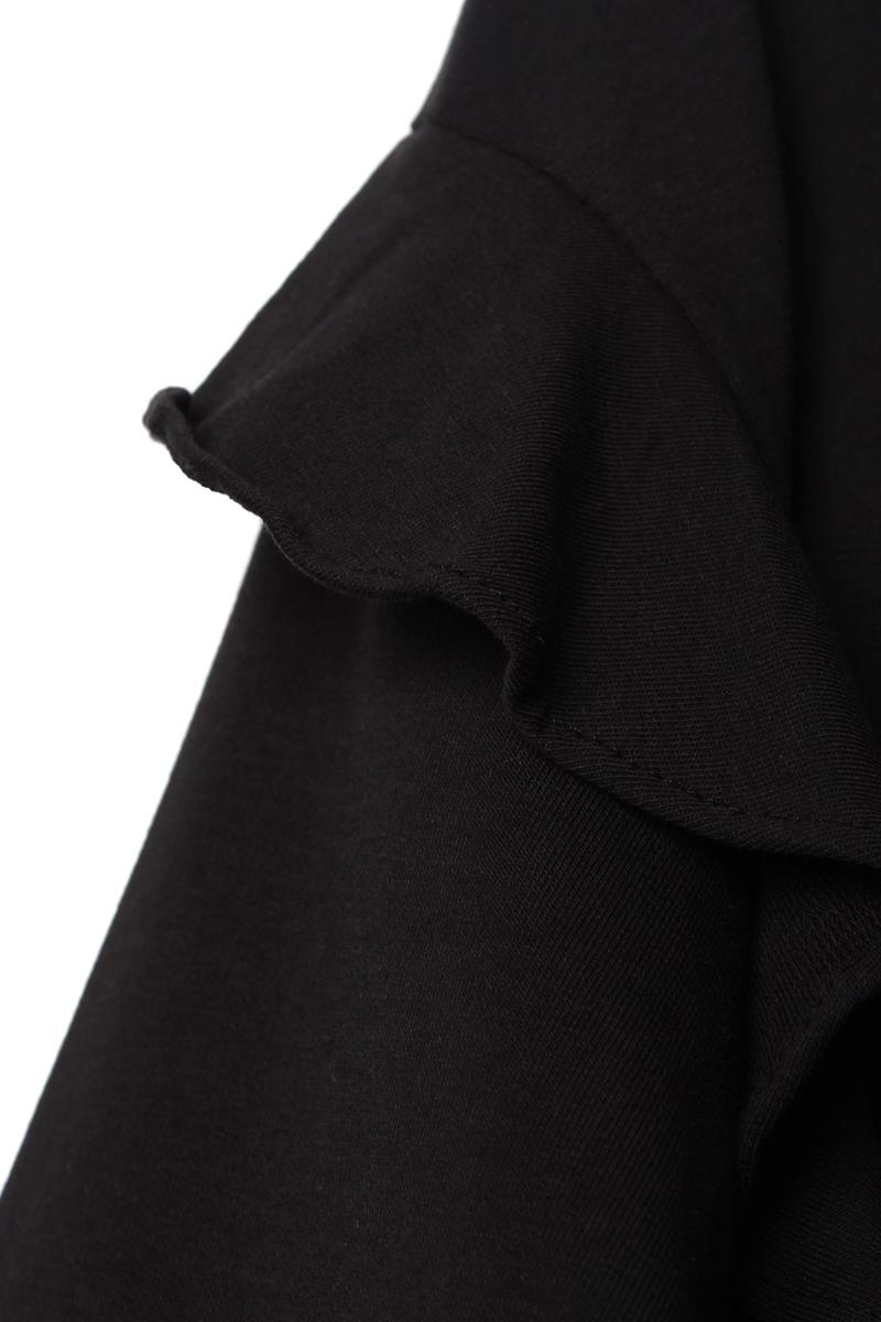Black-Cotton Flounce Shoulder Hooded Glittery Lace Detailed Zippered Cardigan