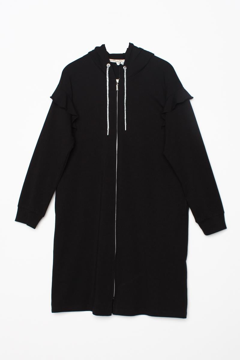 Black-Cotton Flounce Shoulder Hooded Glittery Lace Detailed Zippered Cardigan