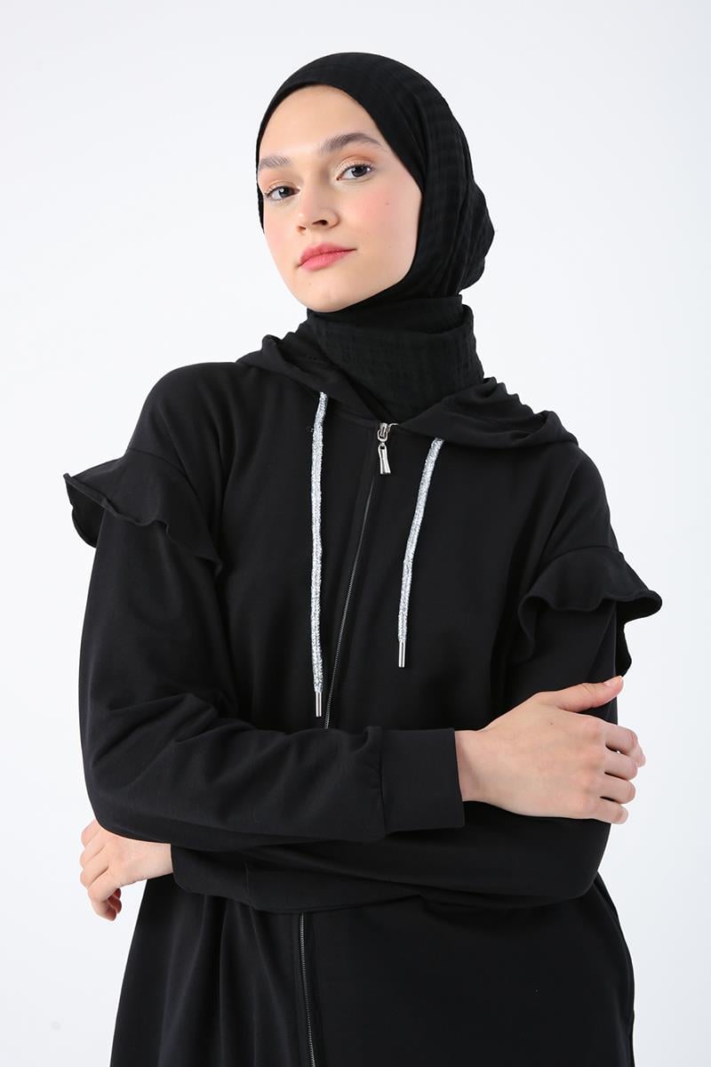 Black-Cotton Flounce Shoulder Hooded Glittery Lace Detailed Zippered Cardigan