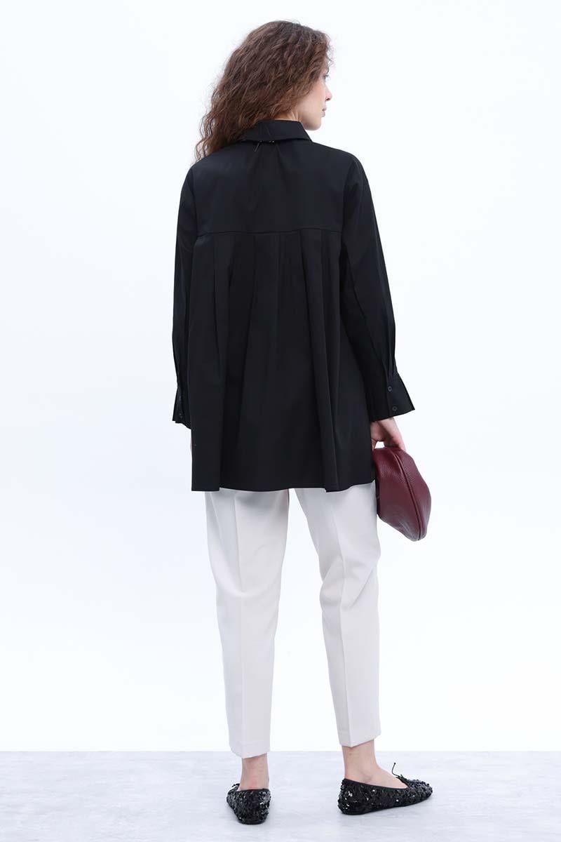 Black-Cotton Pleat Detailed Poplin Shirt