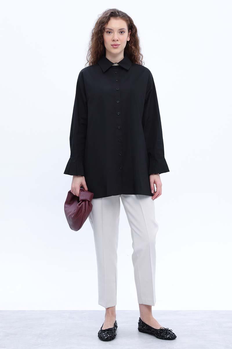 Black-Cotton Pleat Detailed Poplin Shirt