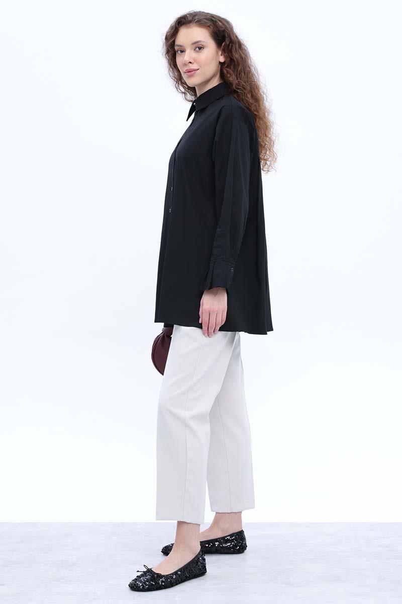 Black-Cotton Pleat Detailed Poplin Shirt
