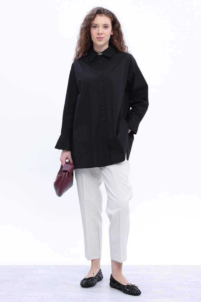 Black-Cotton Pleat Detailed Poplin Shirt