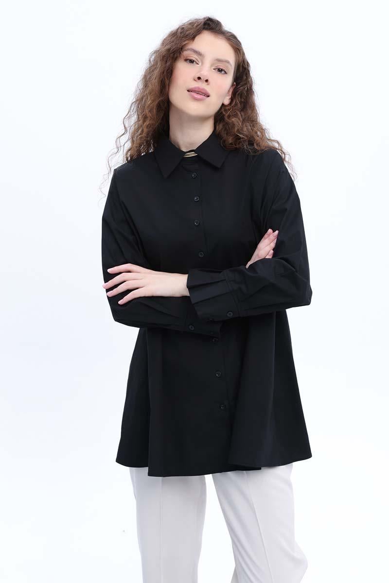 Black-Cotton Pleat Detailed Poplin Shirt