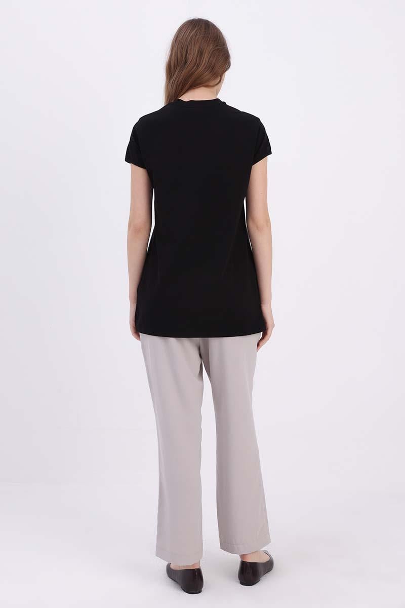 Siyah-Pamuklu Püskül Detaylı Kısa Kollu T-Shirt