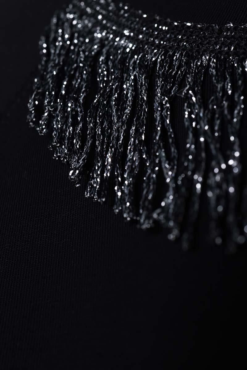 Siyah-Pamuklu Püskül Detaylı Kısa Kollu T-Shirt