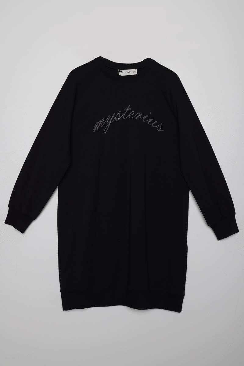 Siyah-Pamuklu Reglan Kol Zincir Nakışlı Sweat Tunik
