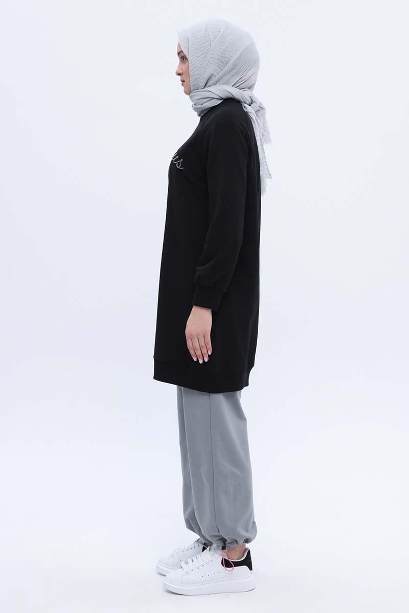 Siyah-Pamuklu Reglan Kol Zincir Nakışlı Sweat Tunik