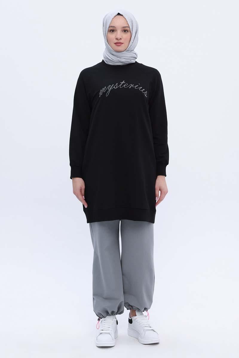 Siyah-Pamuklu Reglan Kol Zincir Nakışlı Sweat Tunik
