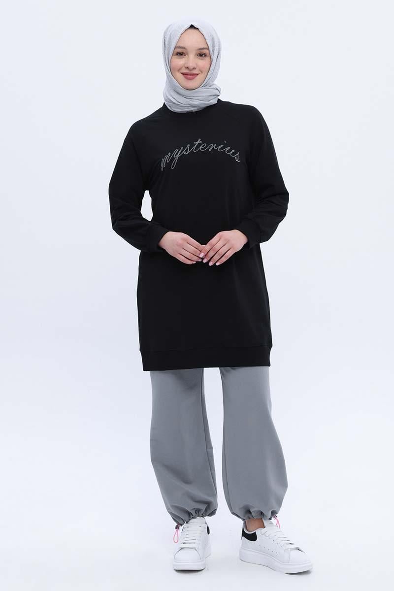 Siyah-Pamuklu Reglan Kol Zincir Nakışlı Sweat Tunik