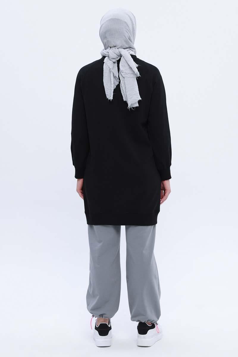 Siyah-Pamuklu Reglan Kol Zincir Nakışlı Sweat Tunik