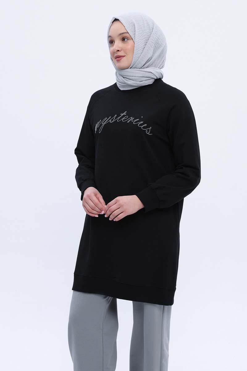 Siyah-Pamuklu Reglan Kol Zincir Nakışlı Sweat Tunik