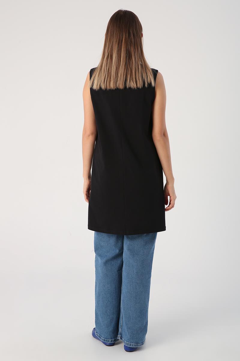 Black-Cotton Collar Piping Sleeveless Tunic