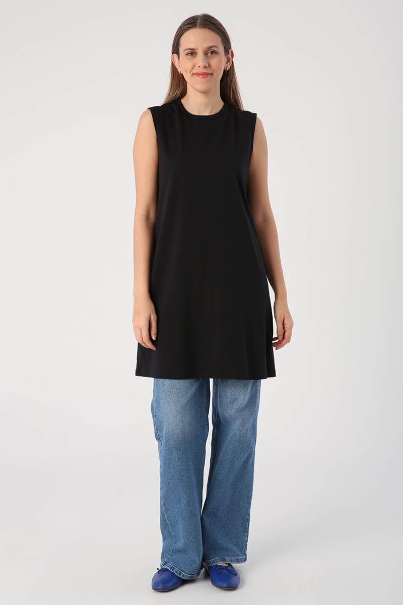 Black-Cotton Collar Piping Sleeveless Tunic