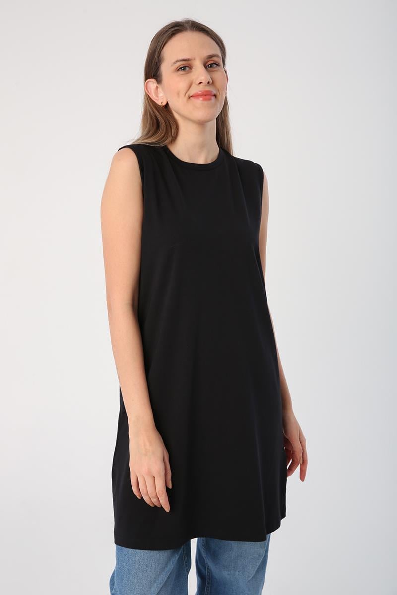 Black-Cotton Collar Piping Sleeveless Tunic
