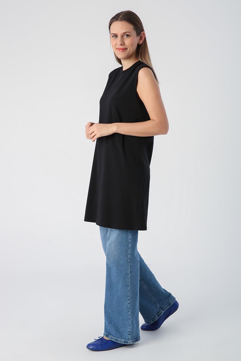 Black-Cotton Collar Piping Sleeveless Tunic