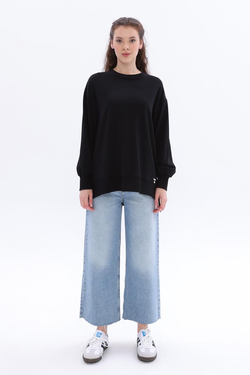 Siyah-Pamuklu Yandan Yırtmaçlı Sweatshirt