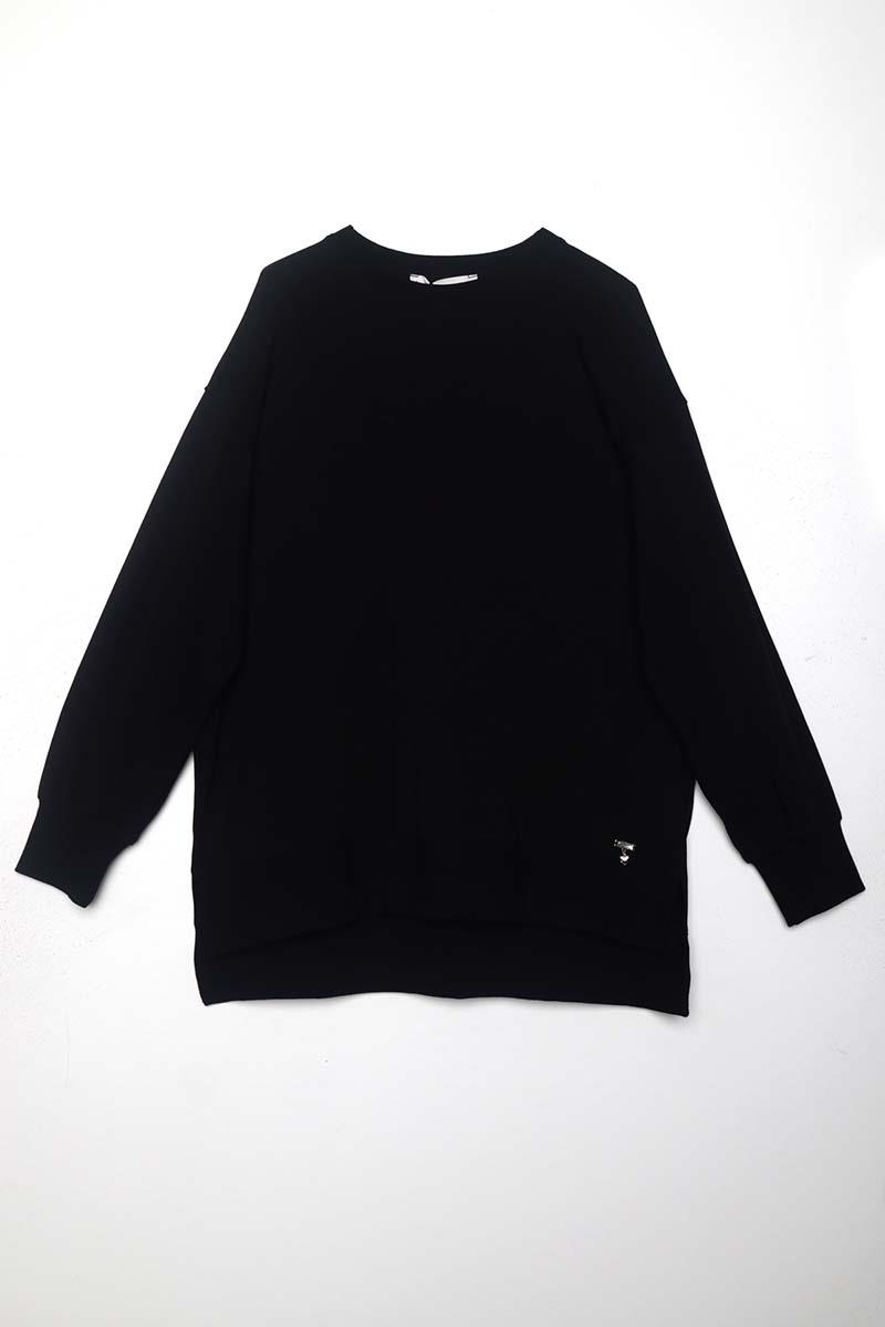 Siyah-Pamuklu Yandan Yırtmaçlı Sweatshirt