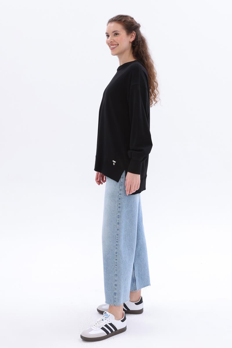 Siyah-Pamuklu Yandan Yırtmaçlı Sweatshirt