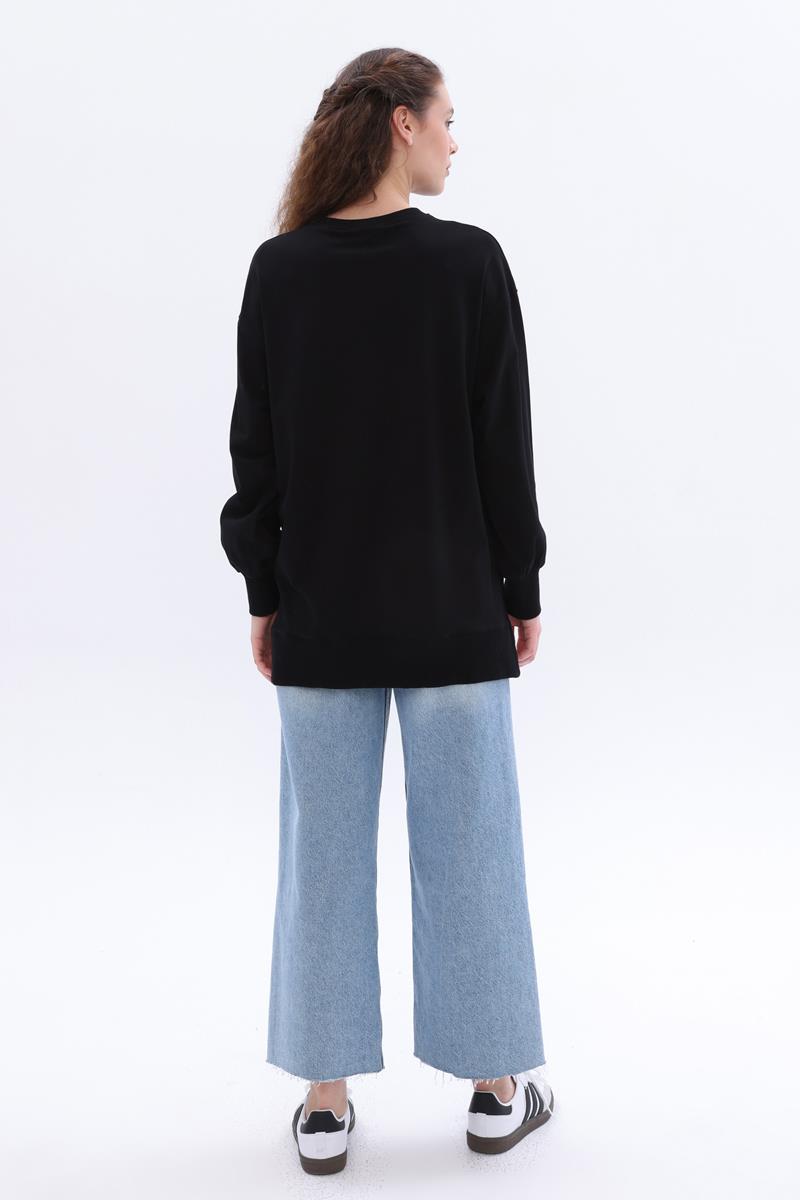 Siyah-Pamuklu Yandan Yırtmaçlı Sweatshirt