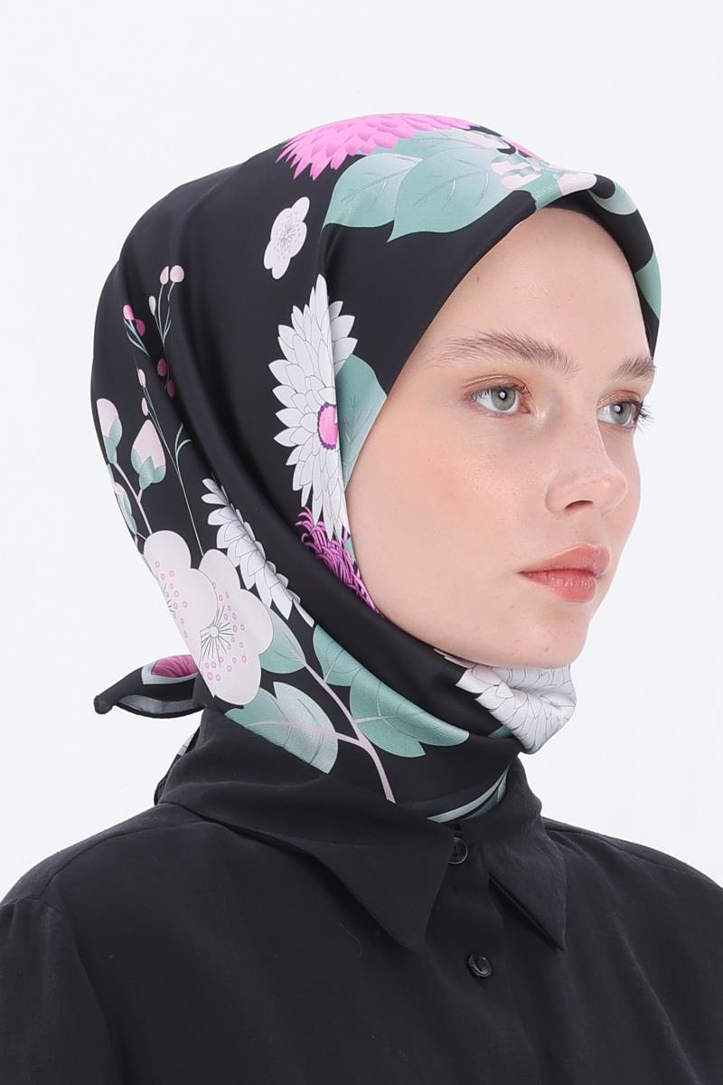 Siyah-Pembe-Desenli Twil Nora Eşarp