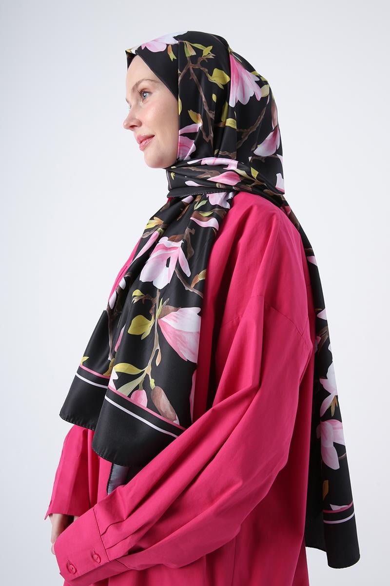 Siyah-Pembe-Desenli Twill Şal