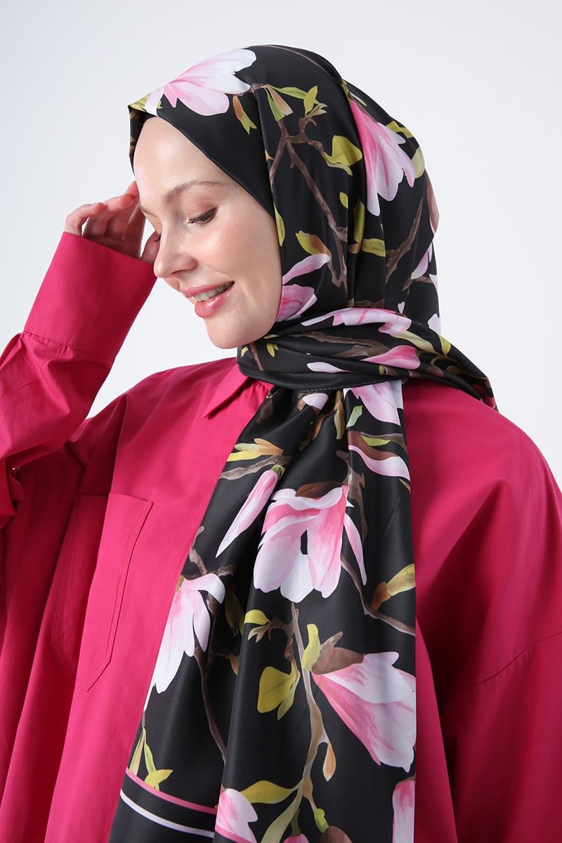 Siyah-Pembe-Desenli Twill Şal