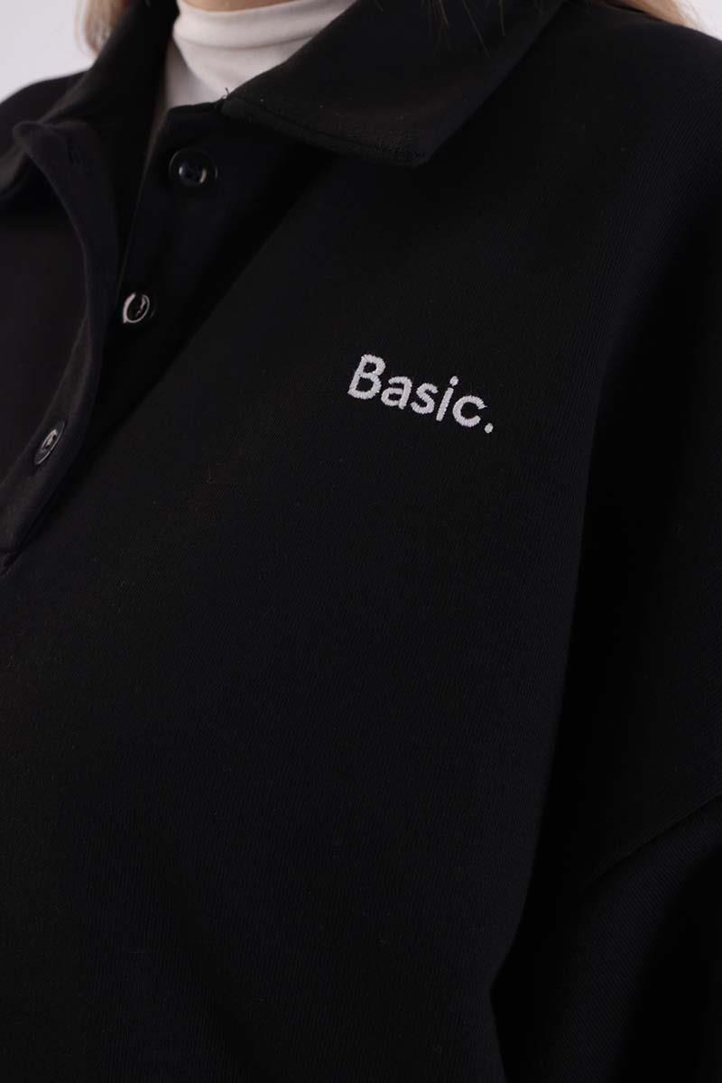 Siyah-Polo Yaka Oversize Sweatshirt