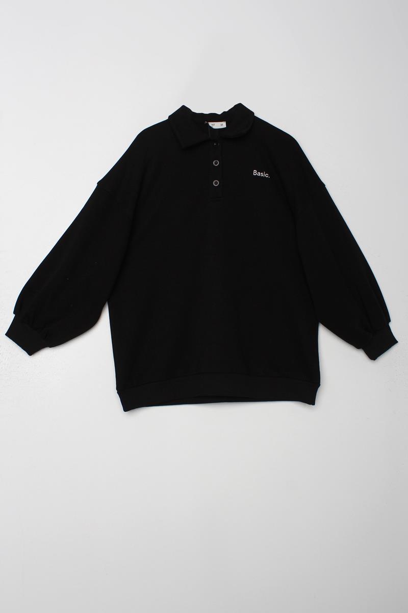 Siyah-Polo Yaka Oversize Sweatshirt