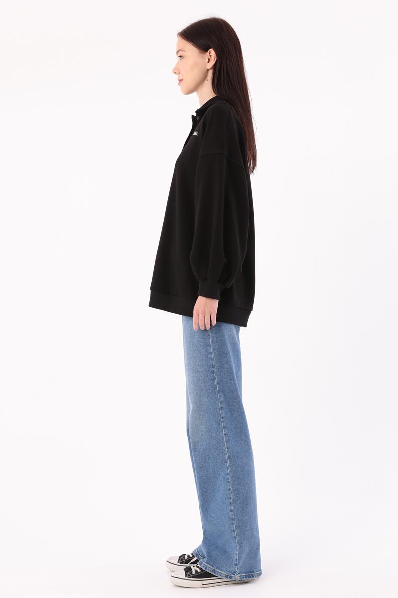 Siyah-Polo Yaka Oversize Sweatshirt