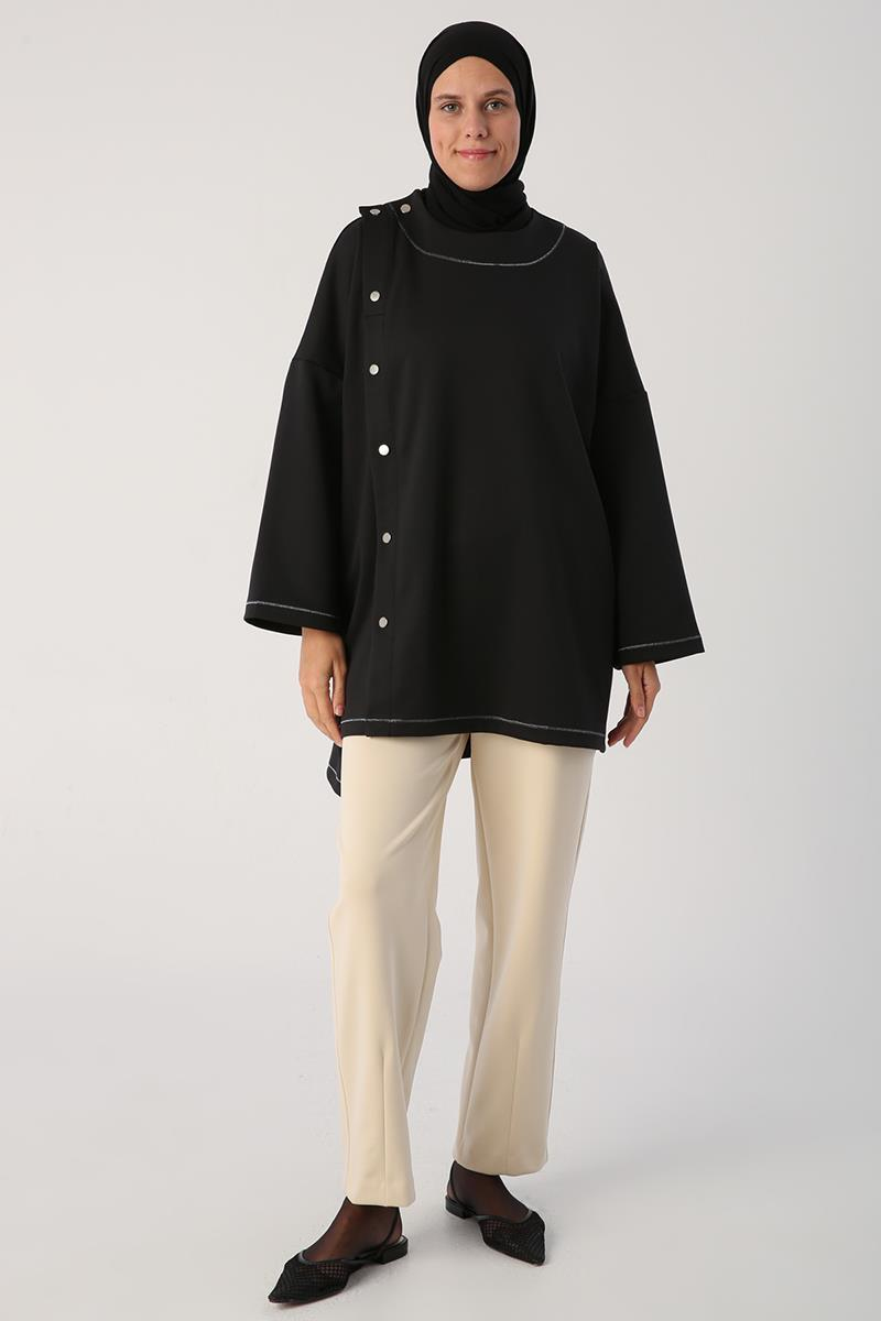 Siyah-Sim Dikişli Çıtçıtlı Oversize Tunik
