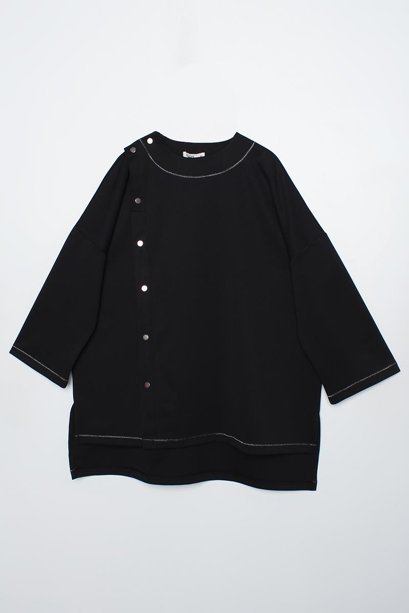 Siyah-Sim Dikişli Çıtçıtlı Oversize Tunik