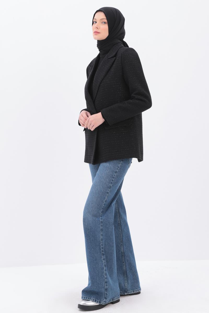 Siyah-Simli Tüvit Kumaş Blazer Ceket